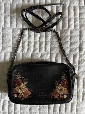 Coach Black Floral Embroidered Leather Crossbody